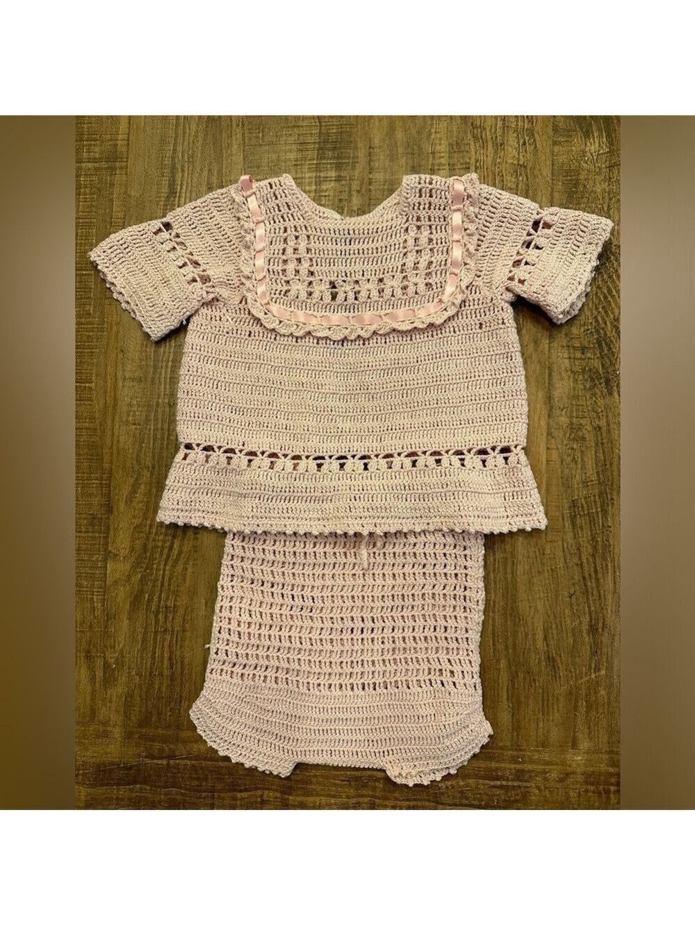 Vintage Baby 2-piece hand crafted knitted/crocheted Pink dress with shorts.